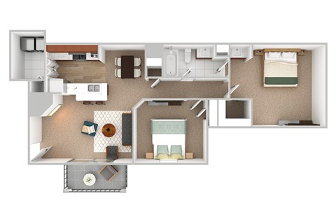 A floor plan of a small apartment with a kitchen, living room, and bedroom.